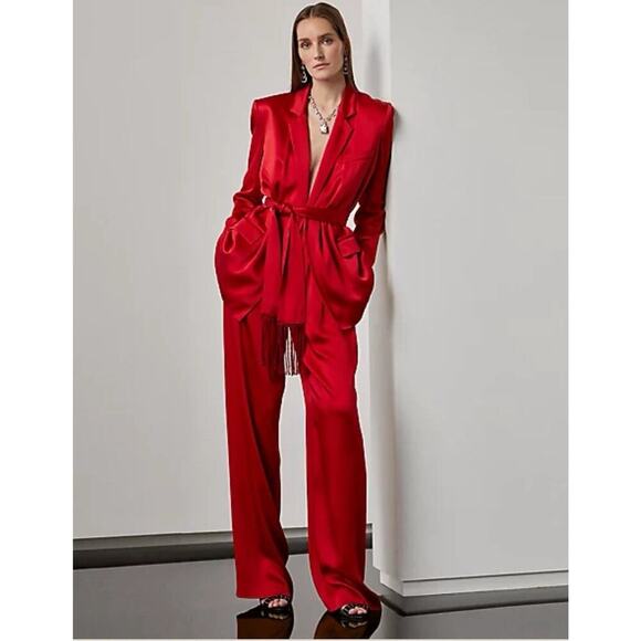 Ralph Lauren Collection Purple Label Satin Wide-Leg Pant 2 Red High Rise Trouser - Picture 2 of 11